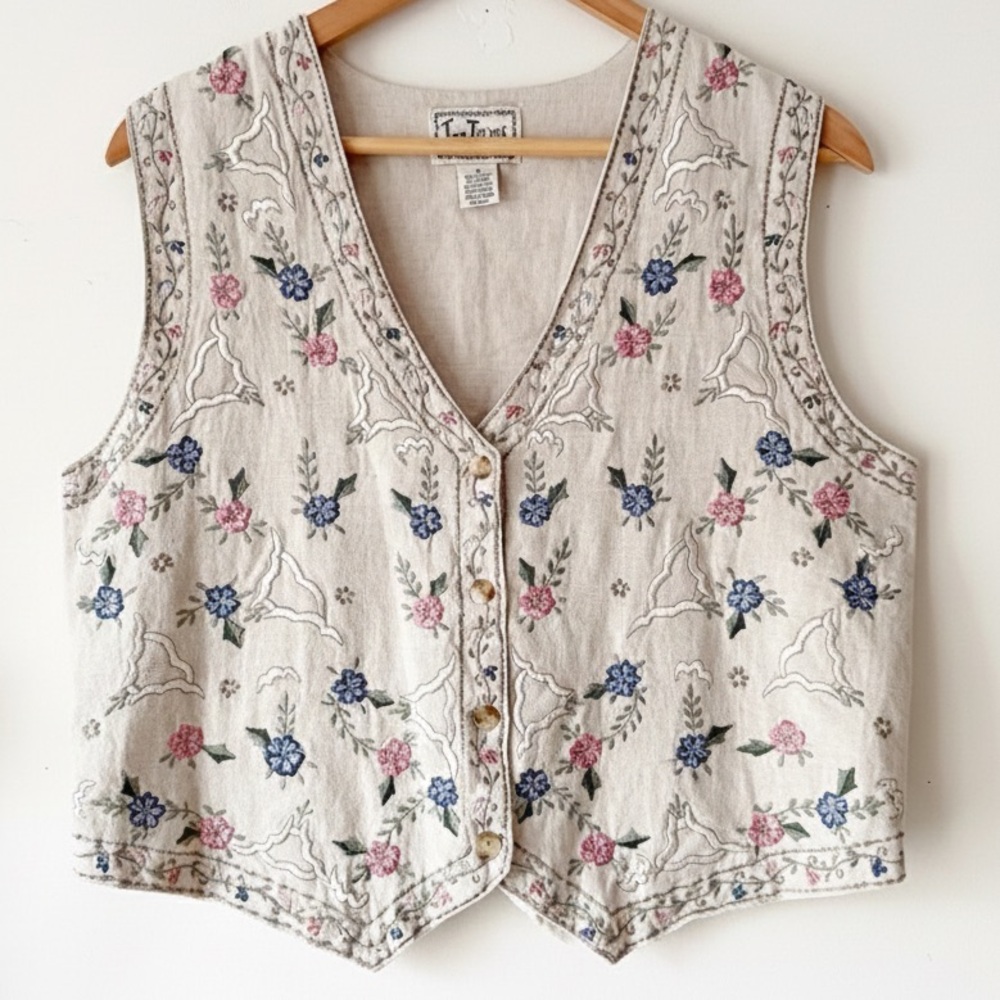Vintage Cottagecore Floral Embroidered Cotton Linen Folk Vest Boho 90s Revival M - Picture 2 of 13